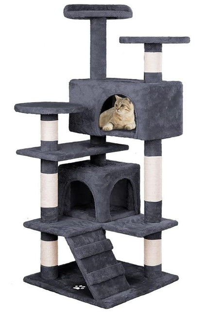 CARLA HOME 134cm Cat Tree Tower for Indoor Cats with Plush Perches, Dual Condos, Natural Sisal Scratching Posts & Ramp for Kittens & Adult Cats (Dark Grey).