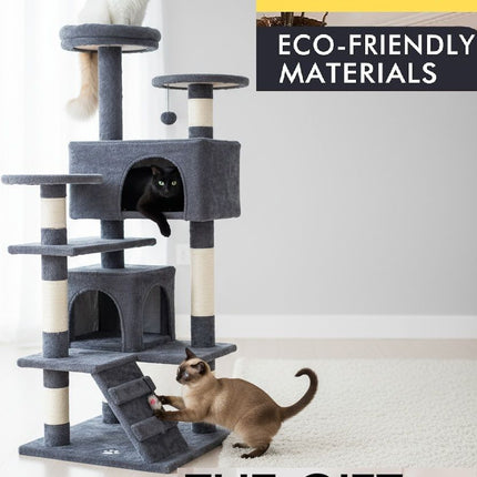 CARLA HOME 134cm Cat Tree Tower for Indoor Cats with Plush Perches, Dual Condos, Natural Sisal Scratching Posts & Ramp for Kittens & Adult Cats (Dark Grey).