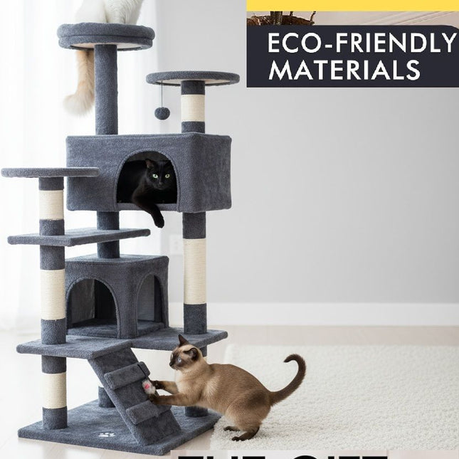 CARLA HOME 134cm Cat Tree Tower for Indoor Cats with Plush Perches, Dual Condos, Natural Sisal Scratching Posts & Ramp for Kittens & Adult Cats (Dark Grey).