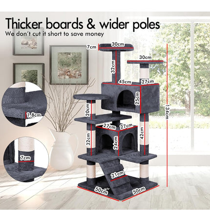 CARLA HOME 134cm Cat Tree Tower for Indoor Cats with Plush Perches, Dual Condos, Natural Sisal Scratching Posts & Ramp for Kittens & Adult Cats (Dark Grey).