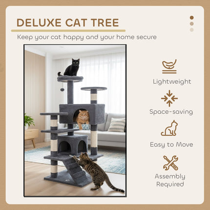 CARLA HOME 134cm Cat Tree Tower for Indoor Cats with Plush Perches, Dual Condos, Natural Sisal Scratching Posts & Ramp for Kittens & Adult Cats (Dark Grey).