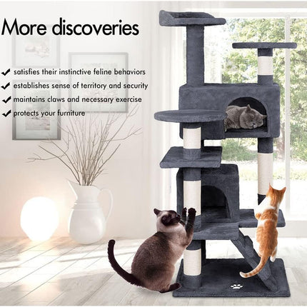 CARLA HOME 134cm Cat Tree Tower for Indoor Cats with Plush Perches, Dual Condos, Natural Sisal Scratching Posts & Ramp for Kittens & Adult Cats (Dark Grey).