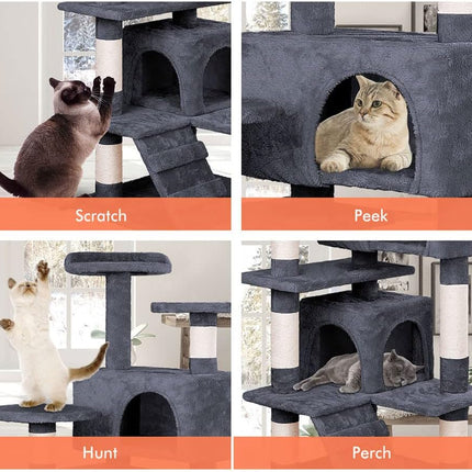 CARLA HOME 134cm Cat Tree Tower for Indoor Cats with Plush Perches, Dual Condos, Natural Sisal Scratching Posts & Ramp for Kittens & Adult Cats (Dark Grey).