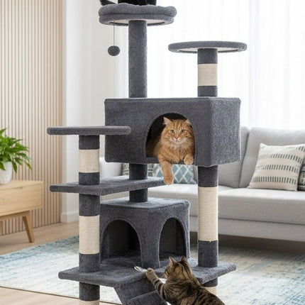 CARLA HOME 134cm Cat Tree Tower for Indoor Cats with Plush Perches, Dual Condos, Natural Sisal Scratching Posts & Ramp for Kittens & Adult Cats (Dark Grey).