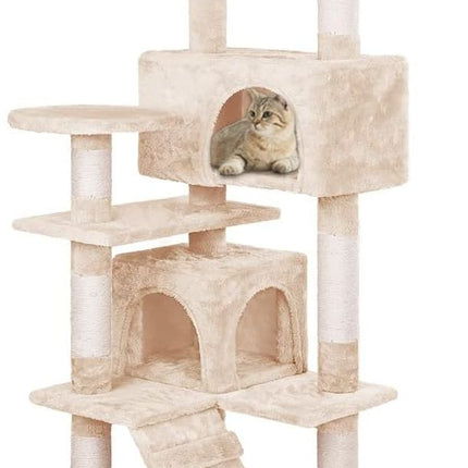 CARLA HOME 134cm Cat Tree Tower for Indoor Cats with Plush Perches, Dual Condos, Natural Sisal Scratching Posts & Ramp for Kittens & Adult Cats (Beige).