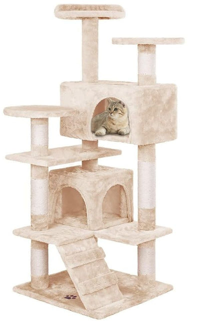 CARLA HOME 134cm Cat Tree Tower for Indoor Cats with Plush Perches, Dual Condos, Natural Sisal Scratching Posts & Ramp for Kittens & Adult Cats (Beige).