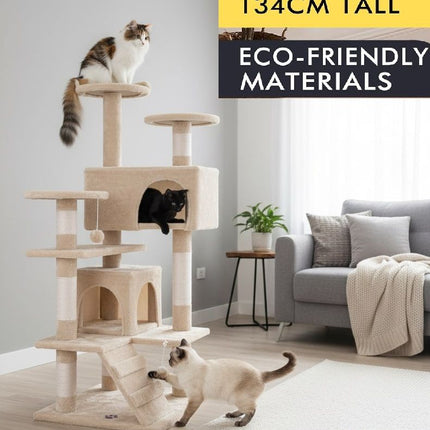 CARLA HOME 134cm Cat Tree Tower for Indoor Cats with Plush Perches, Dual Condos, Natural Sisal Scratching Posts & Ramp for Kittens & Adult Cats (Beige).