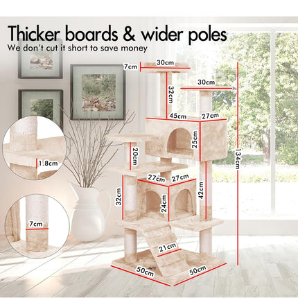CARLA HOME 134cm Cat Tree Tower for Indoor Cats with Plush Perches, Dual Condos, Natural Sisal Scratching Posts & Ramp for Kittens & Adult Cats (Beige).