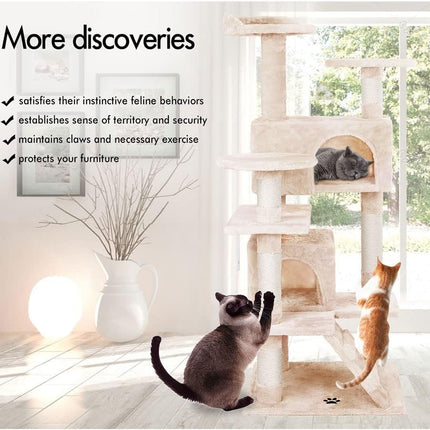 CARLA HOME 134cm Cat Tree Tower for Indoor Cats with Plush Perches, Dual Condos, Natural Sisal Scratching Posts & Ramp for Kittens & Adult Cats (Beige).