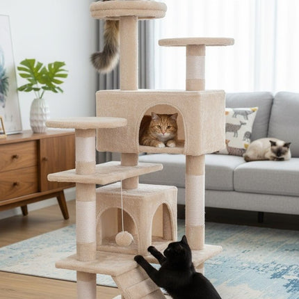 CARLA HOME 134cm Cat Tree Tower for Indoor Cats with Plush Perches, Dual Condos, Natural Sisal Scratching Posts & Ramp for Kittens & Adult Cats (Beige).
