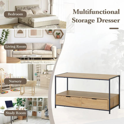 CARLA HOME Coffee Table with 2 Drawers - Open Shelf - Brown - Rustic - Steel - Living Room Bedroom