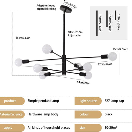 Modern Sputnik Chandelier, 8 Light, Black.