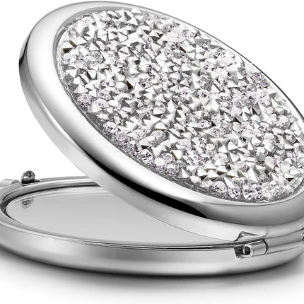 Mini Mix Diamond 1X/2X Magnifying Round Metal Pocket Makeup Mirror (Silver).