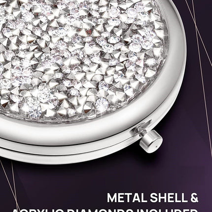 Mini Mix Diamond 1X/2X Magnifying Round Metal Pocket Makeup Mirror (Silver).