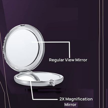 Mini Mix Diamond 1X/2X Magnifying Round Metal Pocket Makeup Mirror (Silver).