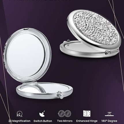Mini Mix Diamond 1X/2X Magnifying Round Metal Pocket Makeup Mirror (Silver).