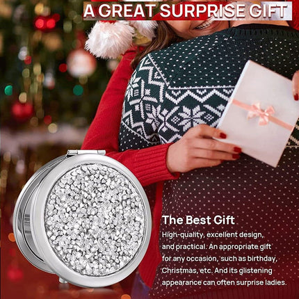 Mini Mix Diamond 1X/2X Magnifying Round Metal Pocket Makeup Mirror (Silver).