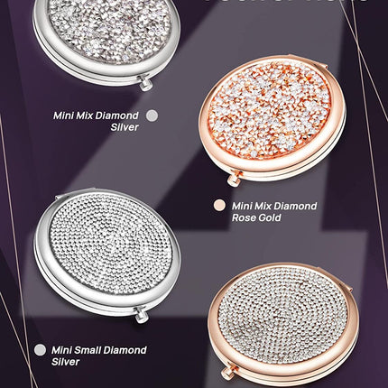 Mini Mix Diamond 1X/2X Magnifying Round Metal Pocket Makeup Mirror (Silver).