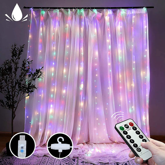 300 LEDs Window Curtain Fairy Lights 8 Modes and Remote Control for Bedroom (Multicolor, 300 x 300cm).