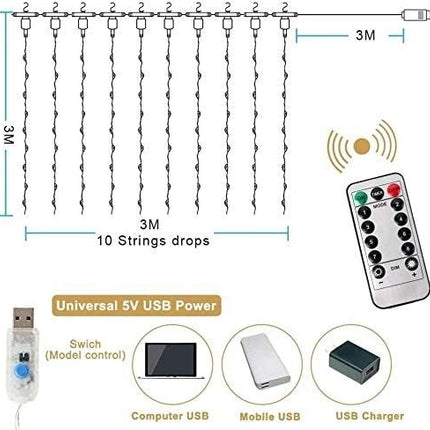 300 LEDs Window Curtain Fairy Lights 8 Modes and Remote Control for Bedroom (Multicolor, 300 x 300cm).