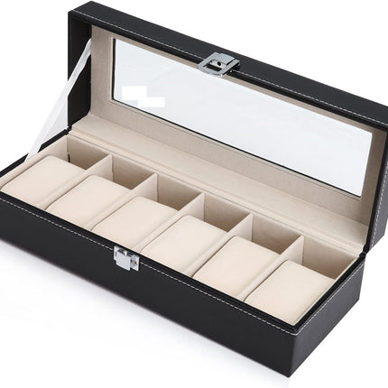 Black PU Leather Watch Organizer Display Storage Box Cases for Men & Women (6 slots).
