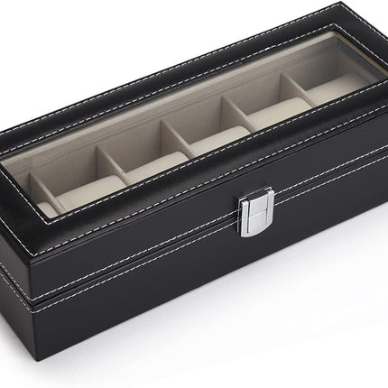Black PU Leather Watch Organizer Display Storage Box Cases for Men & Women (6 slots).