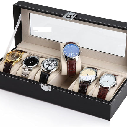 Black PU Leather Watch Organizer Display Storage Box Cases for Men & Women (6 slots).