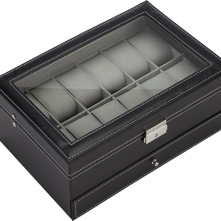 Black Leather Watch Box Jewelry Display Case with Drawers (12 Slots with 2 Layers).