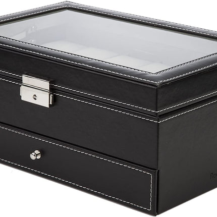 Black Leather Watch Box Jewelry Display Case with Drawers (12 Slots with 2 Layers).