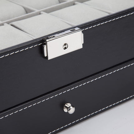 Black Leather Watch Box Jewelry Display Case with Drawers (12 Slots with 2 Layers).