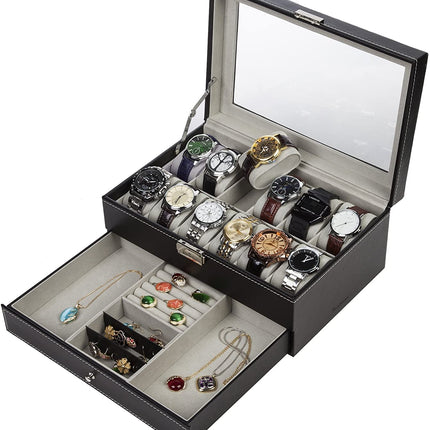 Black Leather Watch Box Jewelry Display Case with Drawers (12 Slots with 2 Layers).