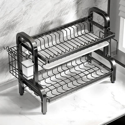 Compact 2-Tier Dish Drying Rack with Drainboard.