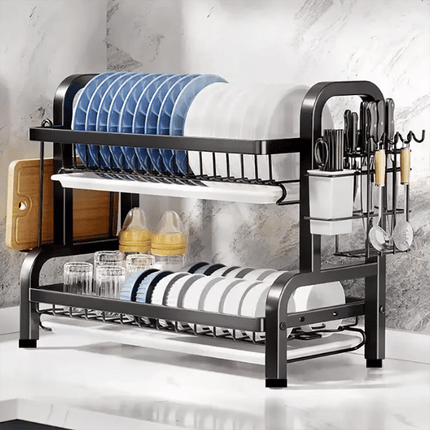 Compact 2-Tier Dish Drying Rack with Drainboard.