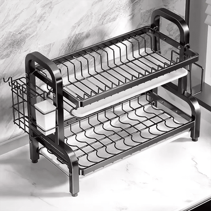 Compact 2-Tier Dish Drying Rack with Drainboard.