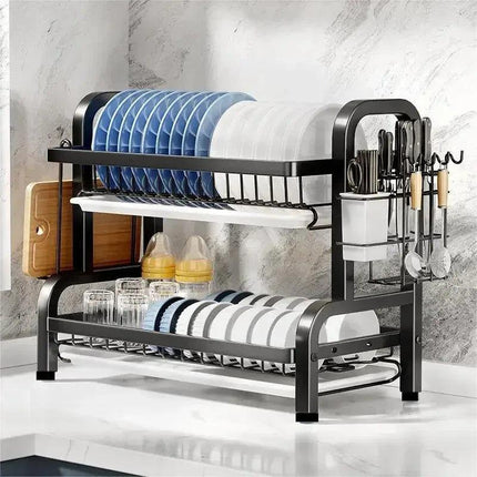 Compact 2-Tier Dish Drying Rack with Drainboard.