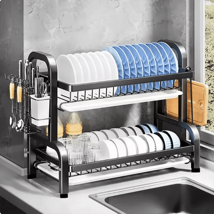 Compact 2-Tier Dish Drying Rack with Drainboard.