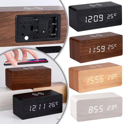 Modern Wooden LED Desk Clock with Qi Charger.