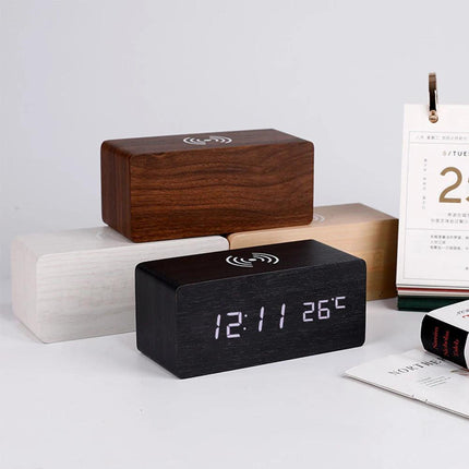 Modern Wooden LED Desk Clock with Qi Charger.