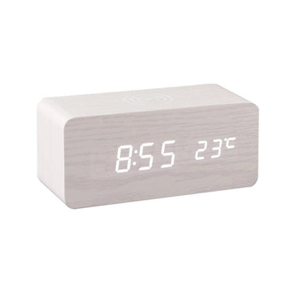 LED Wooden Desk Clock with Qi Charger.