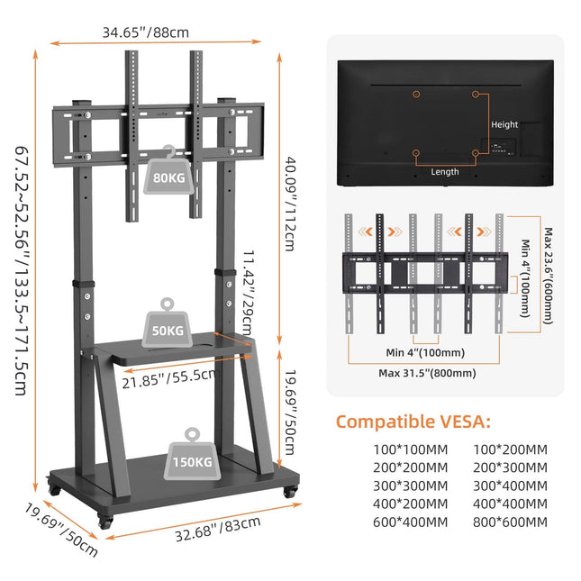 Adjustable Heavy Duty Mobile TV Cart Stand.