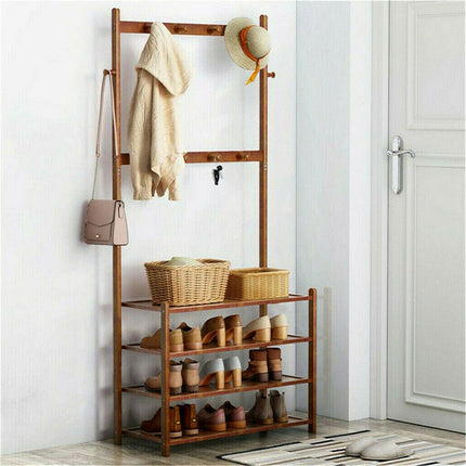 Bamboo 5-Tier Hat Coat Shoe Rack Entryway Bench Hanger Storage.