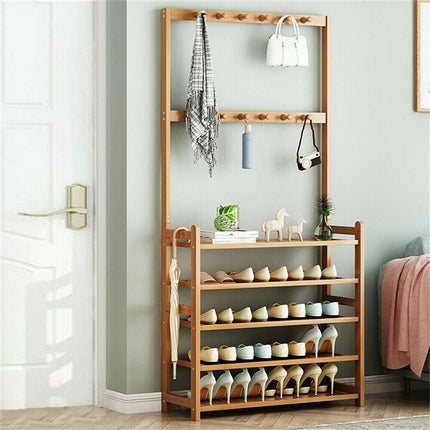 Bamboo 5-Tier Hat Coat Shoe Rack Entryway Bench Hanger Storage.