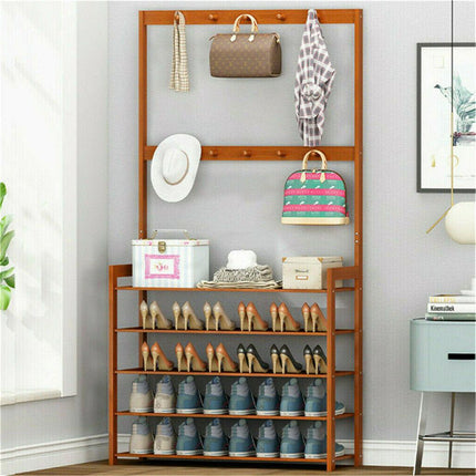 Bamboo 5-Tier Hat Coat Shoe Rack Entryway Bench Hanger Storage.