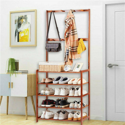 Bamboo 5-Tier Hat Coat Shoe Rack Entryway Bench Hanger Storage.