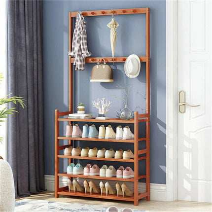 Bamboo 5-Tier Hat Coat Shoe Rack Entryway Bench Hanger Storage.
