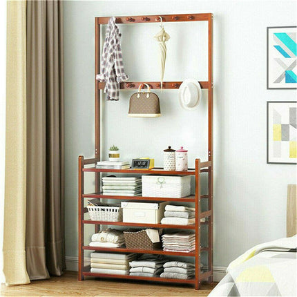 Bamboo 5-Tier Hat Coat Shoe Rack Entryway Bench Hanger Storage.