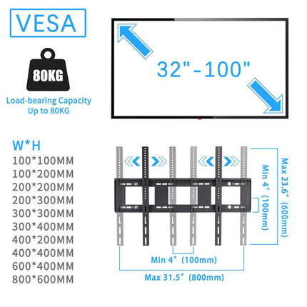 Rolling TV Stand 32-100 w/ Adjustable Mount & 2-Tier Shelf.