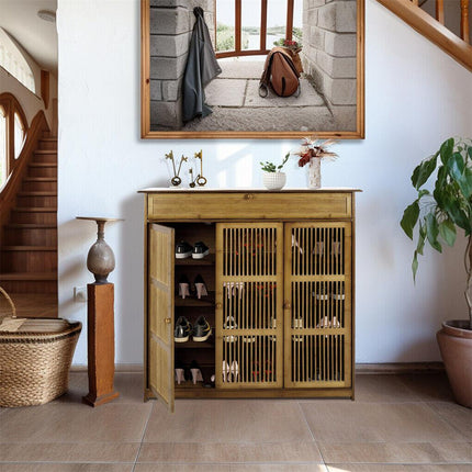 XXL 4-Tier Bamboo Shoe Rack Cabinet with Doors, Drawers.