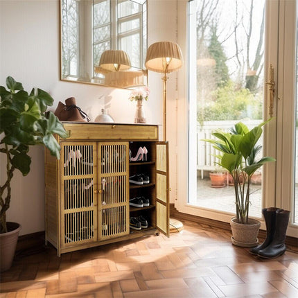 XXL 4-Tier Bamboo Shoe Rack Cabinet with Doors, Drawers.