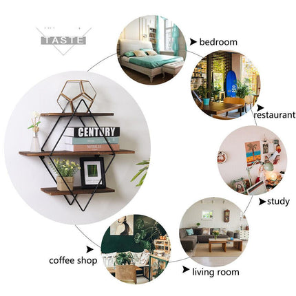 3-Tier Rustic Floating Wall Shelves Wood Display Books.
